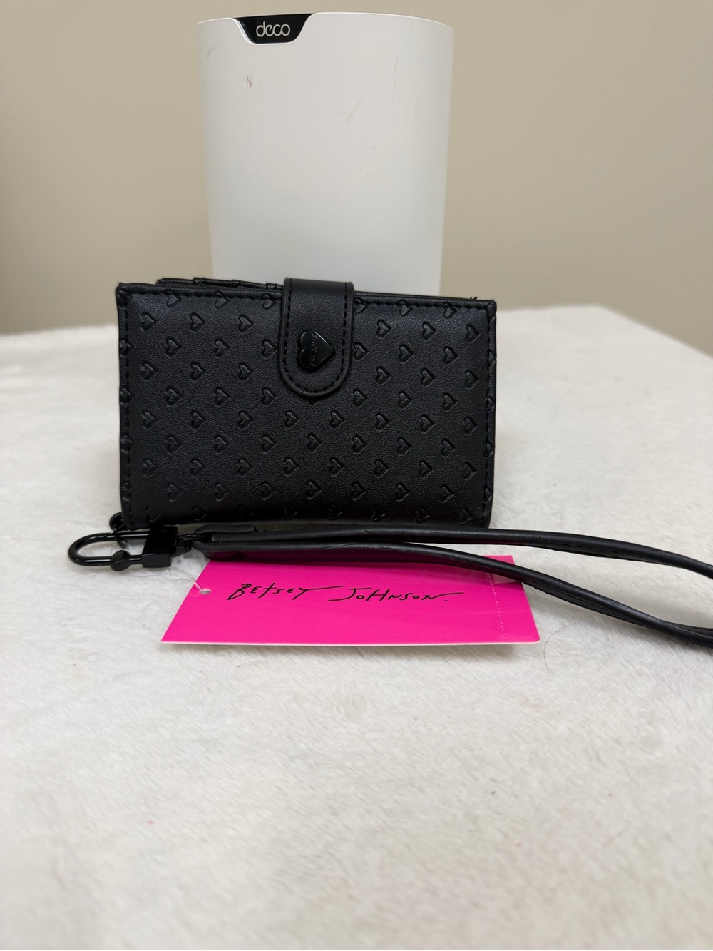 Betsey Johnson Black Embossed Heart Wallet with Wristlet Strap